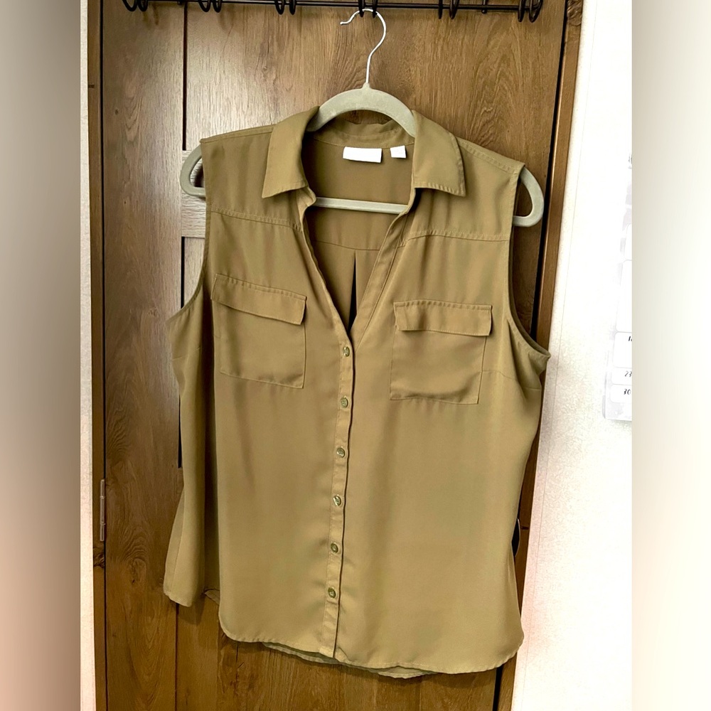 Olive green button down sleeveless top